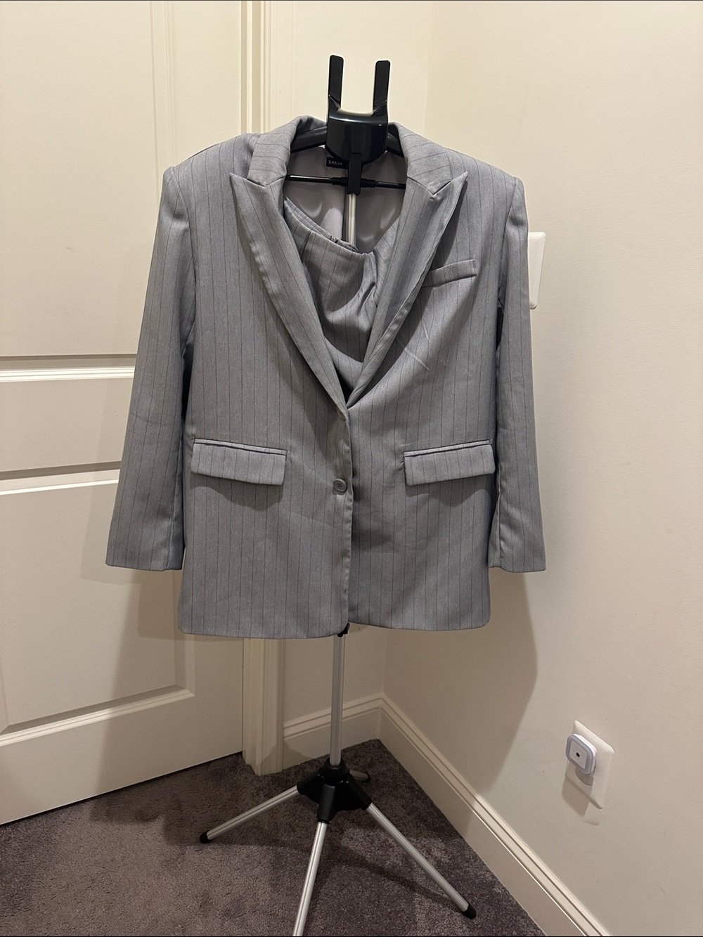 SHEIN Gray Pinstripe Mini Skirt Suit with Matching Blazer